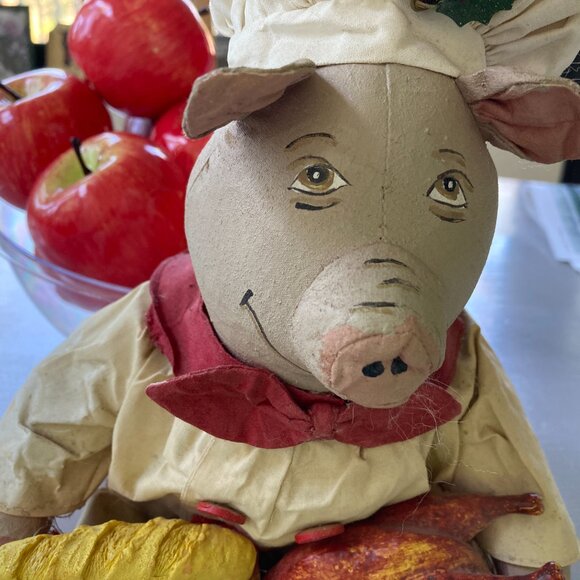 CHRISTMAS PIG CHEF 1999 23" Handpainted Paper Mache  Stuffed Display Doll RARE - Picture 3 of 11